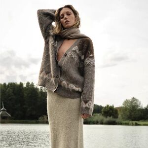 ZARA BRUSHED EFFECT JACQUARD KNIT CARDIGAN